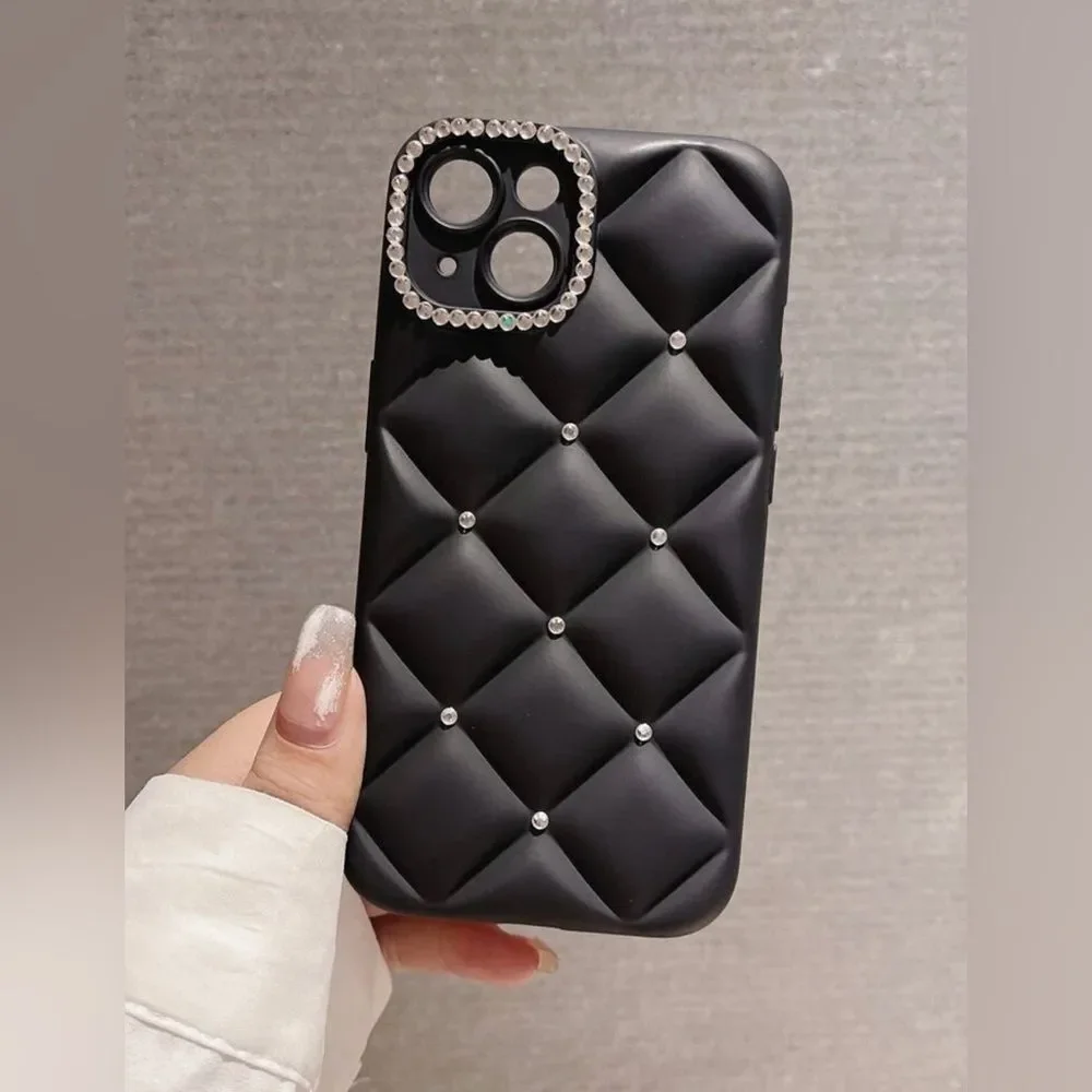 Luxury Quilted Black iPhone 15 Pro Max Case with Rhinestone Accents